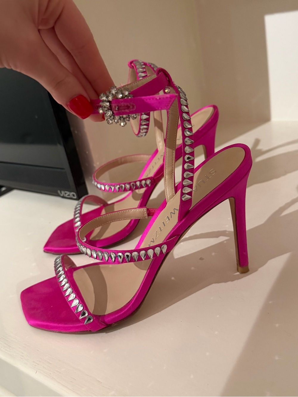 Stuart Weitzman Flamingo Gemcut Strappy Sandals
